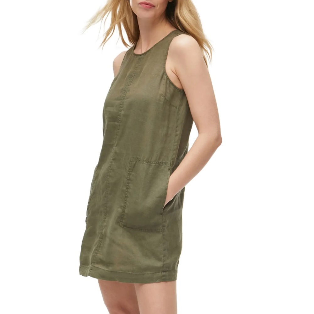 Michael Stars Delilah Linen Shift Dress, Olive Green‎ Keyhole Pockets S Midi NW